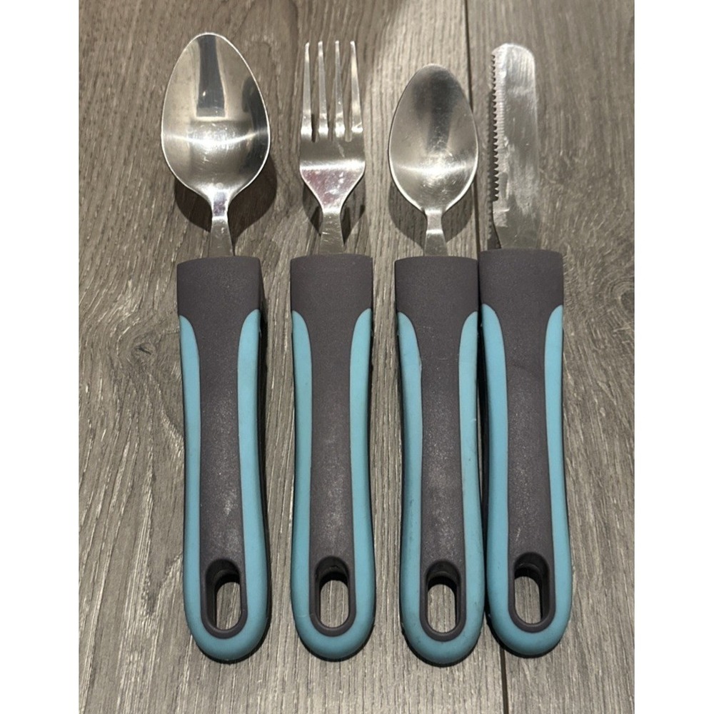 Unbranded Adaptive Utensils 4 Pc Set Spoons Fork Knife Non Slip Handle Teal Gray